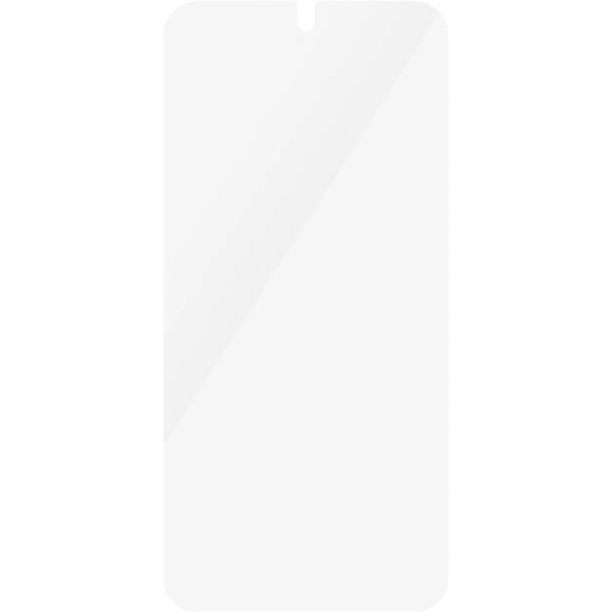 A screen protector applied to a phone. Clear glass. White background. Vertical shot. 