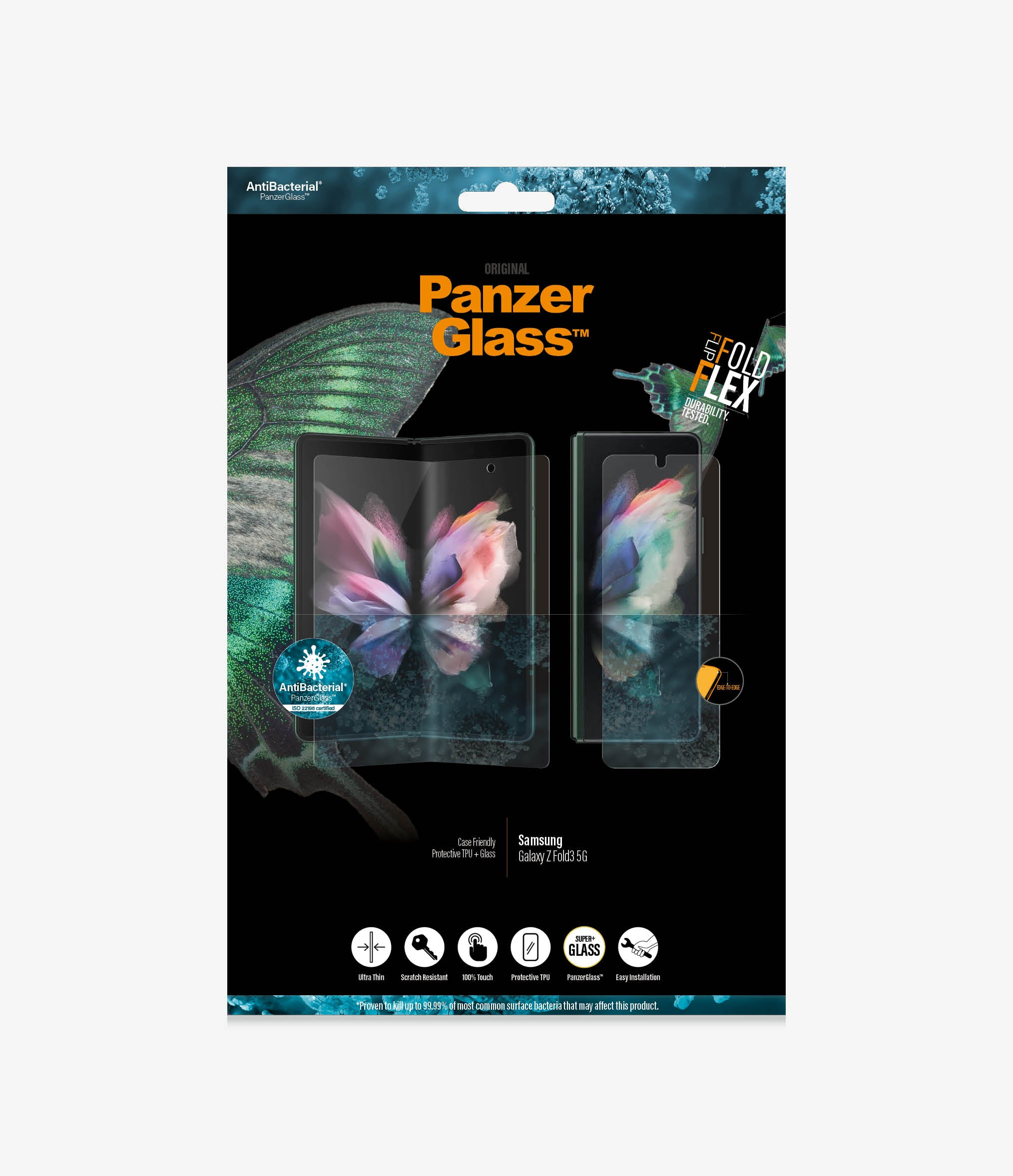 Doos met tablet screenprotector en een tablet, met productdetails.