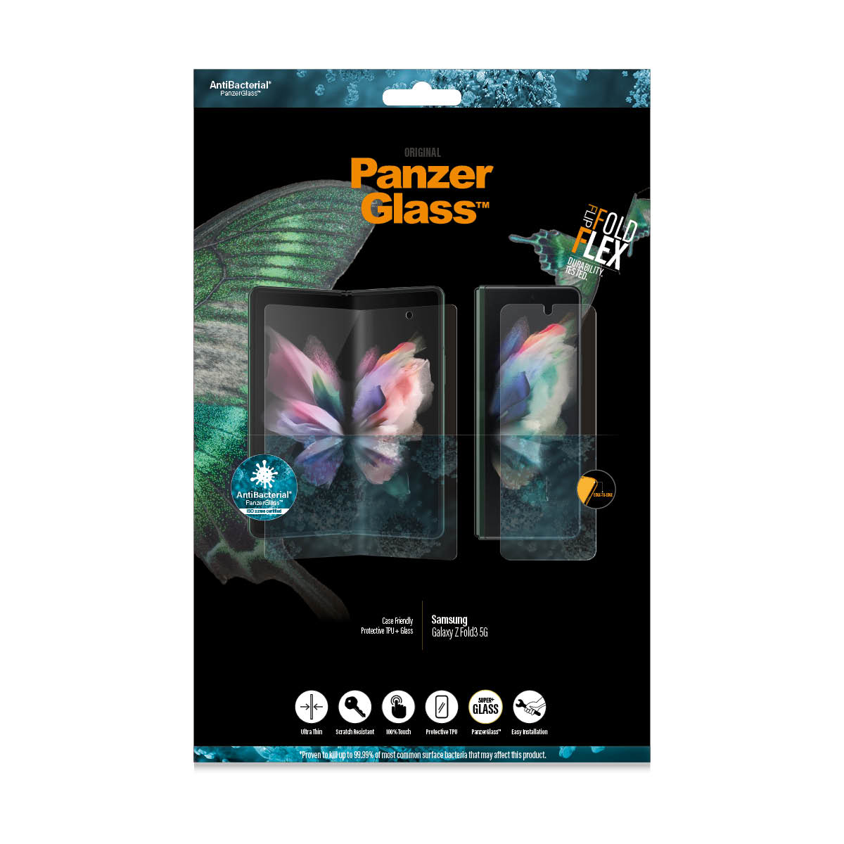 Doos met telefoonschermbeschermers. Tekst zegt 'Panzer Glass' en 'Fold Flex'. Bevat een telefoon.
