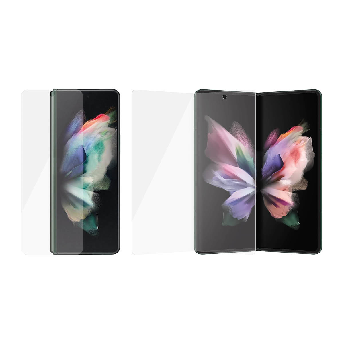Twee telefoons, één open, met de schermbeschermer.