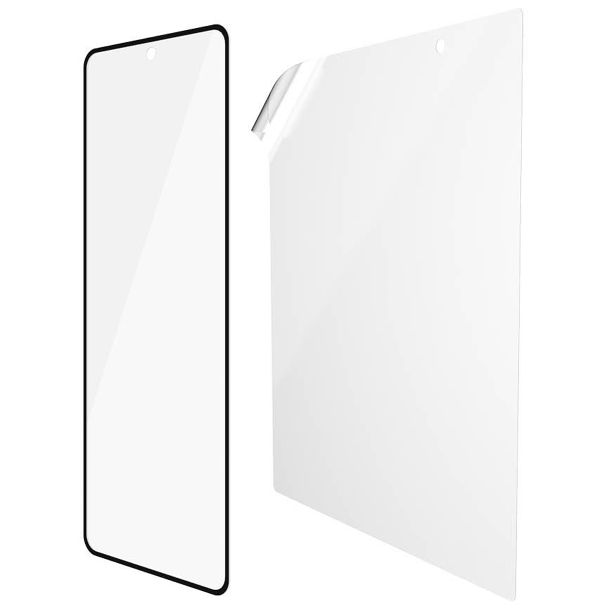 Schermbeschermer naast een telefoon. De beschermer is helder en het scherm is zwart.