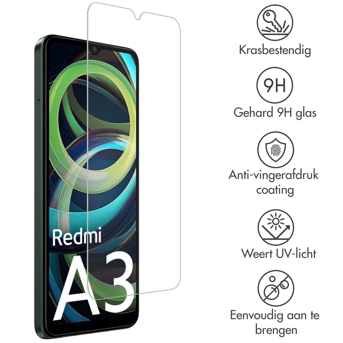Redmi A3 smartphone met schermbeschermer en pictogrammen. De telefoon is zwart met een heldere beschermer.