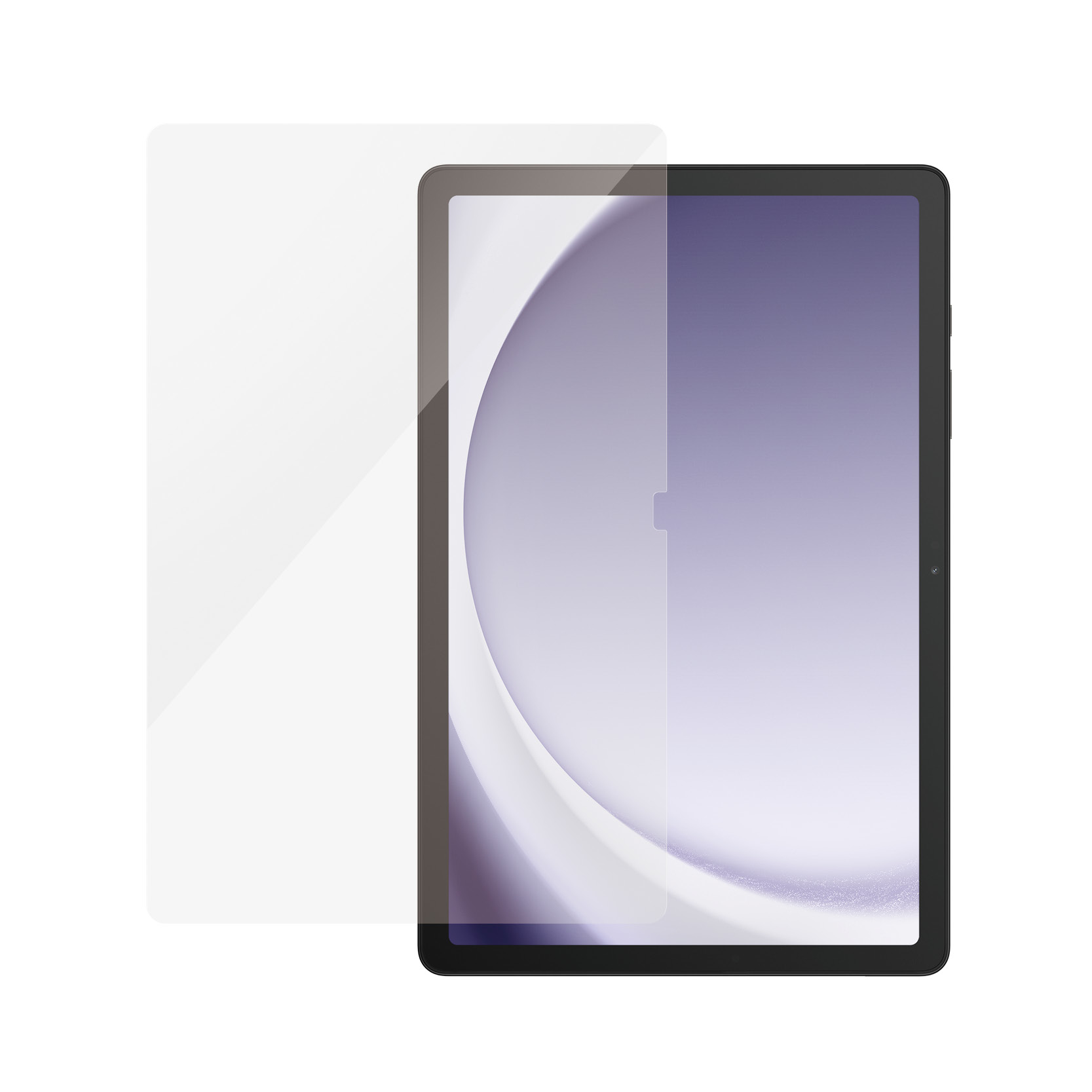 Tablet z ochraniaczem ekranu. Tablet jest czarny, z fioletowym ekranem. Zastosowano przezroczysty ochraniacz.