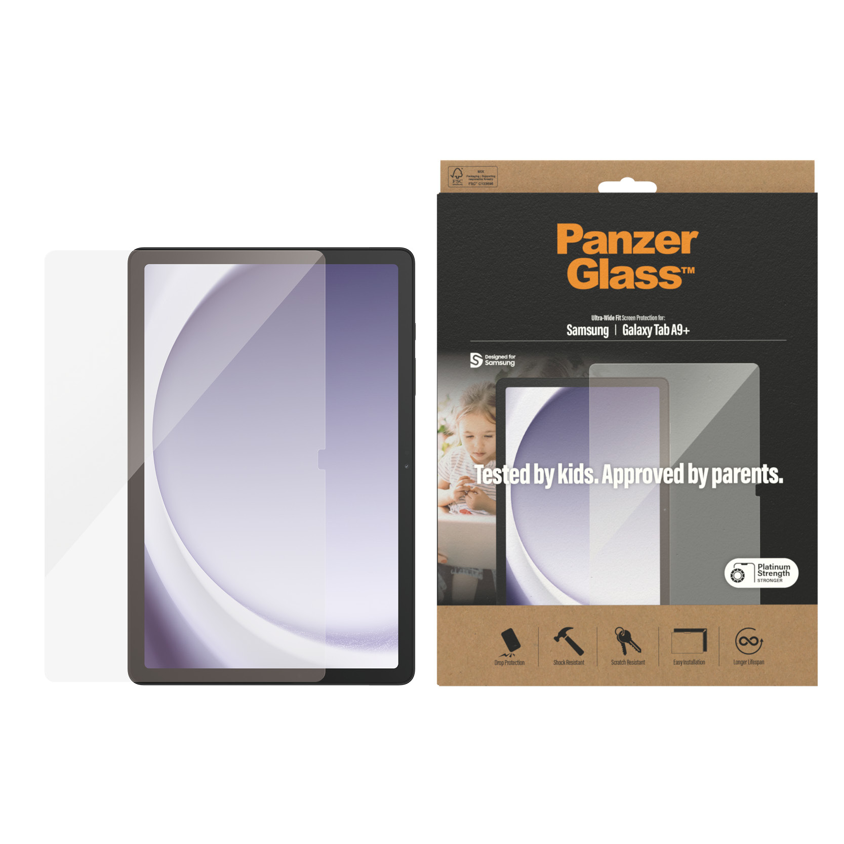 Wyświetlany jest tablet i ochrona ekranu. Na pudełku widnieje napis Panzer Glass, zaprojektowany dla Samsung Galaxy Tab A9+.