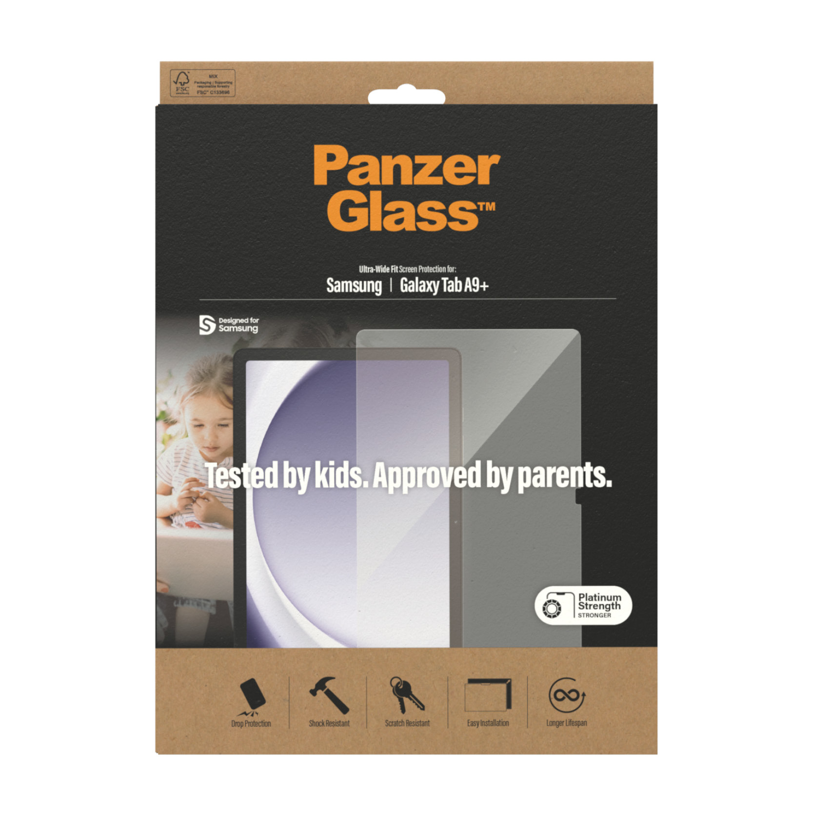 Pudełko Panzer Glass do Samsung Galaxy Tab A9+. Dziecko z tabletem, ikony ochrony przed upadkiem, wstrząsami i zarysowaniami.