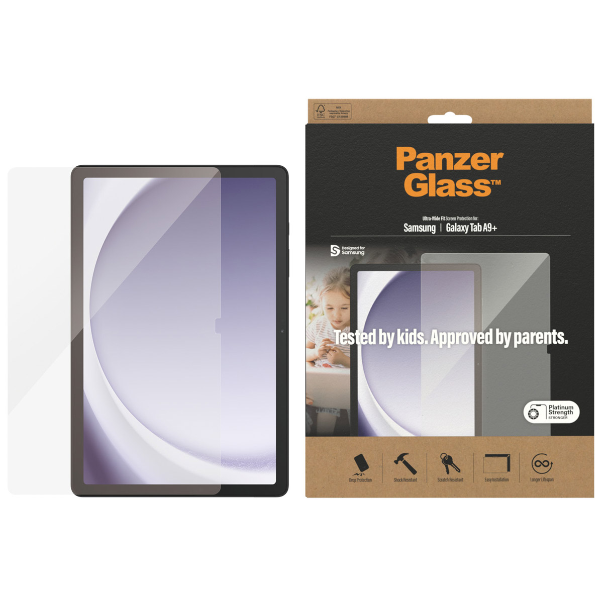 Tablet, osłona ekranu i pudełko. Tekst: PanzerGlass, dla Samsung Galaxy Tab A9+. Testowane przez dzieci.