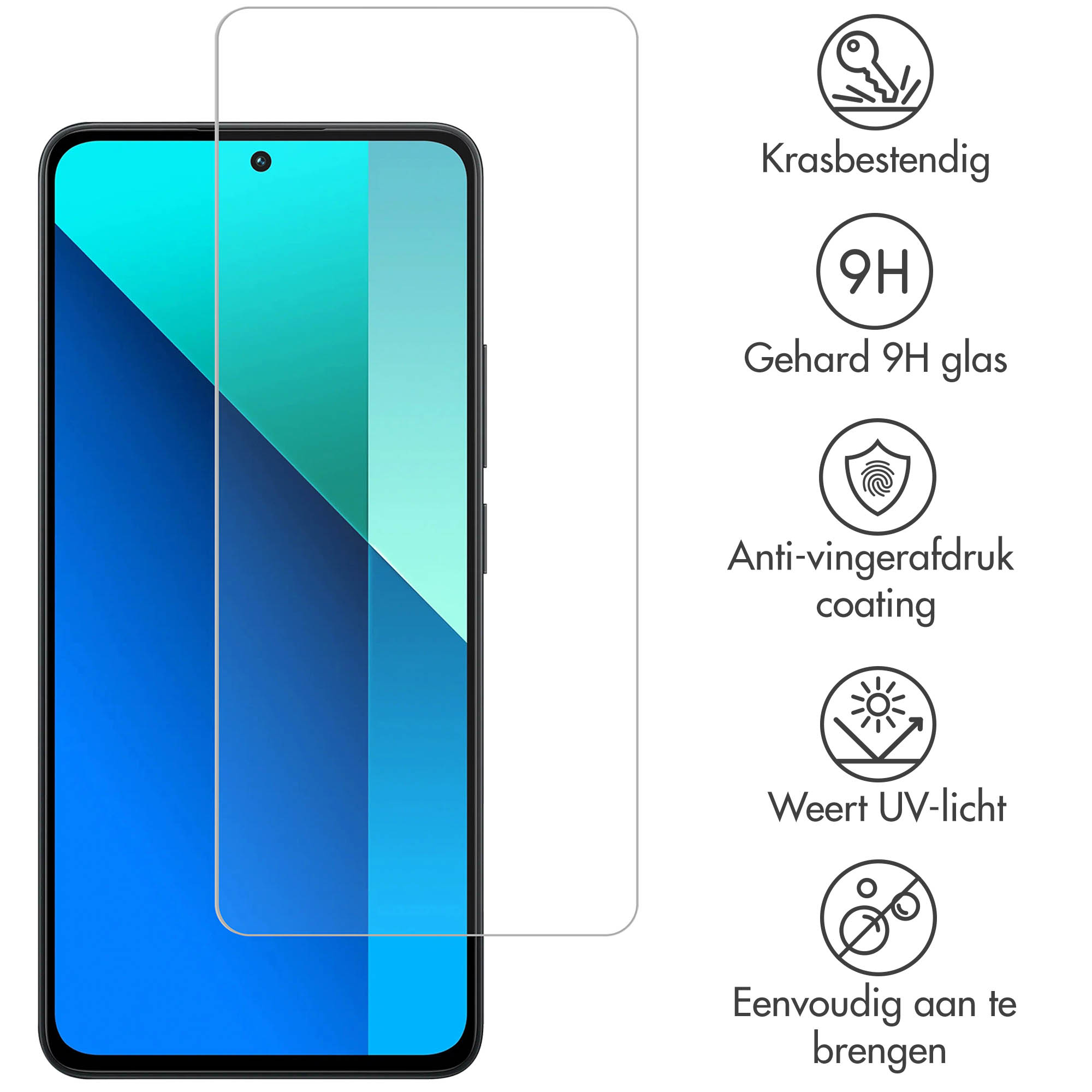 Telefoon met screenprotector. Icoonbeschrijvingen: krasbestendig, 9H glas, anti-vingerafdruk.