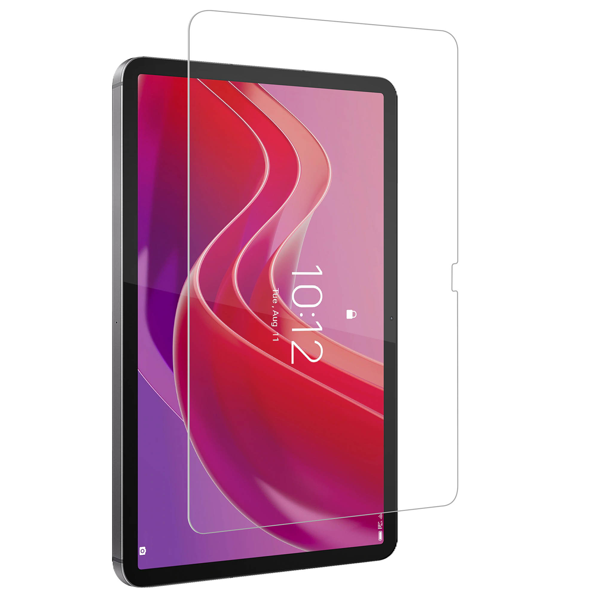 Tablet with a screen protector. The tablet has a red and black screen.
