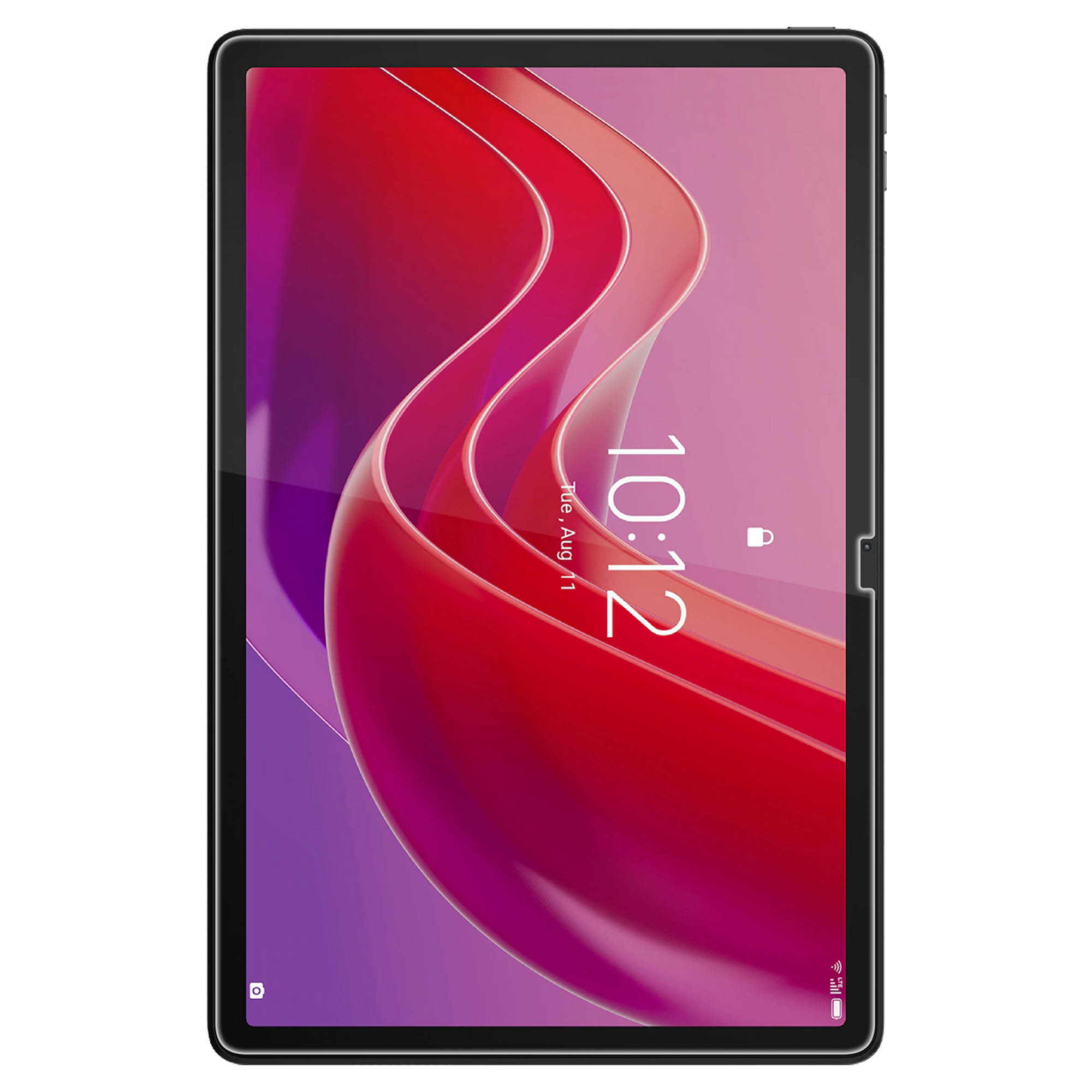 Tablet with a red and purple background. The time is 10:12. The screen has a black border.