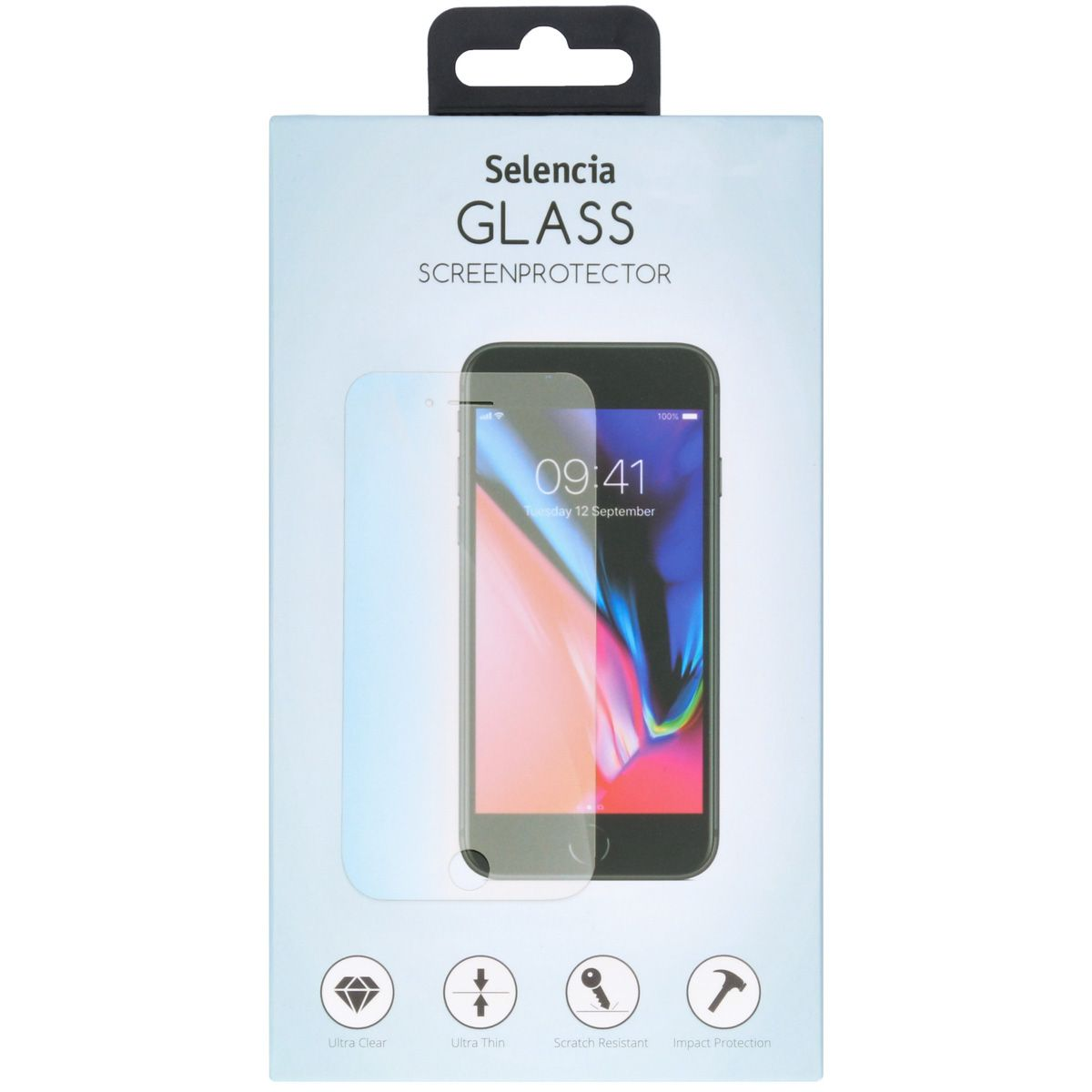 Selencia Glass schermbeschermerdoos met een telefoon en een doorzichtige beschermer ervoor.