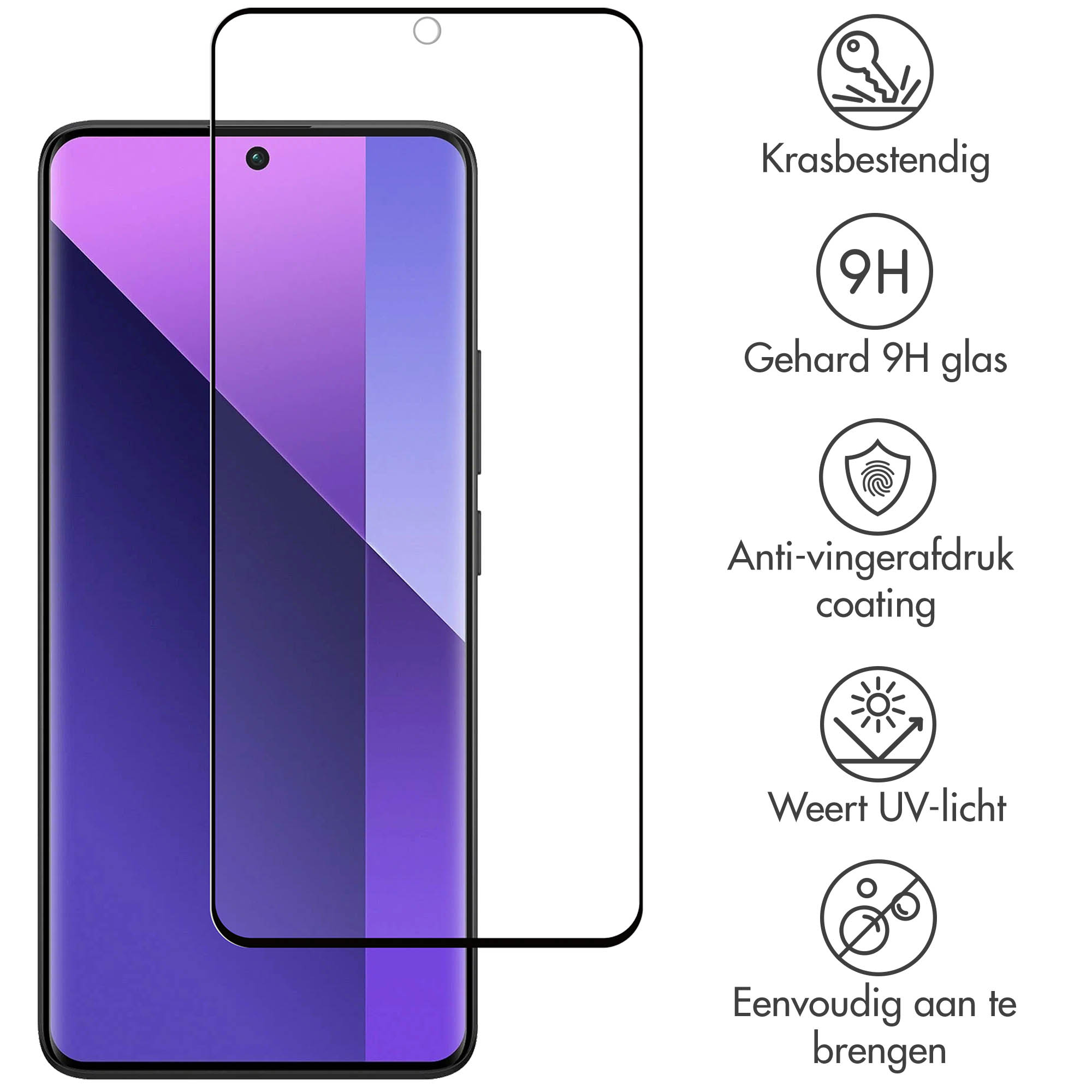 Telefoon met screenprotector. Icoonbeschrijvingen: krasbestendig, 9H glas, anti-vingerafdruk.