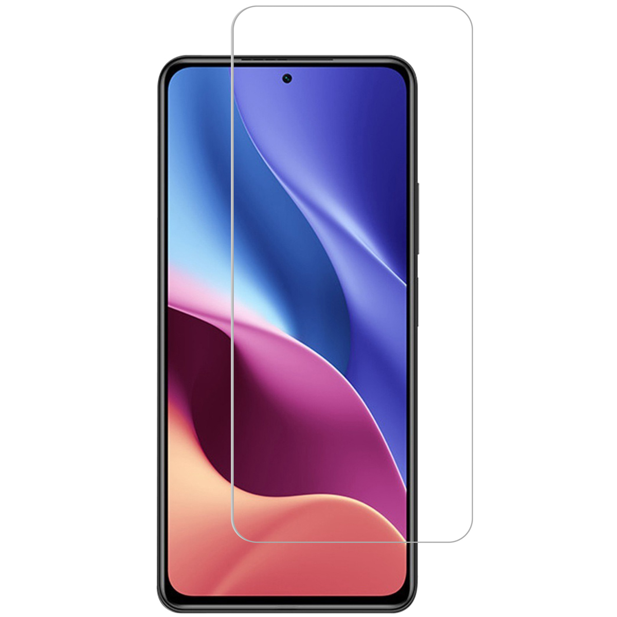 Phone with screen protector. The screen displays colorful graphics. Protector is clear.