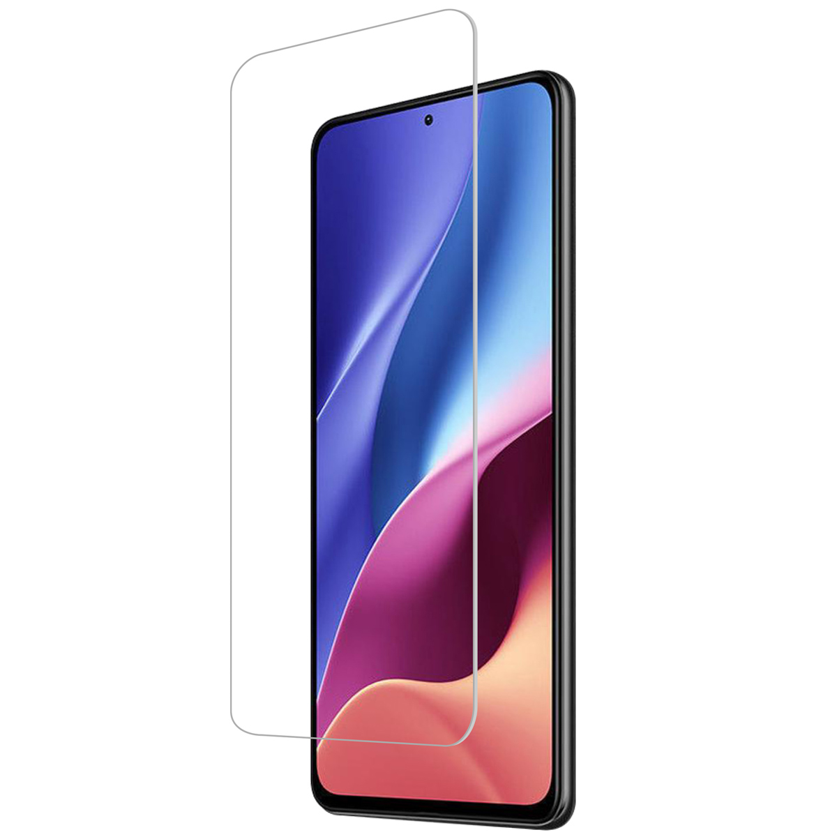 A phone with a screen protector. The phone is black, the protector clear, showing the screen.