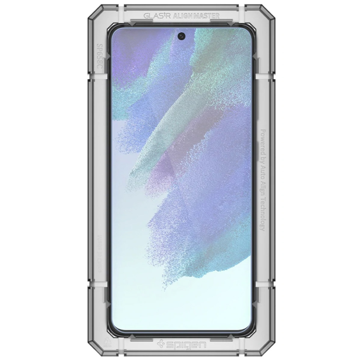 Smartfon z folią ochronną i ramką wyrównującą. Telefon jest wewnątrz ramki.