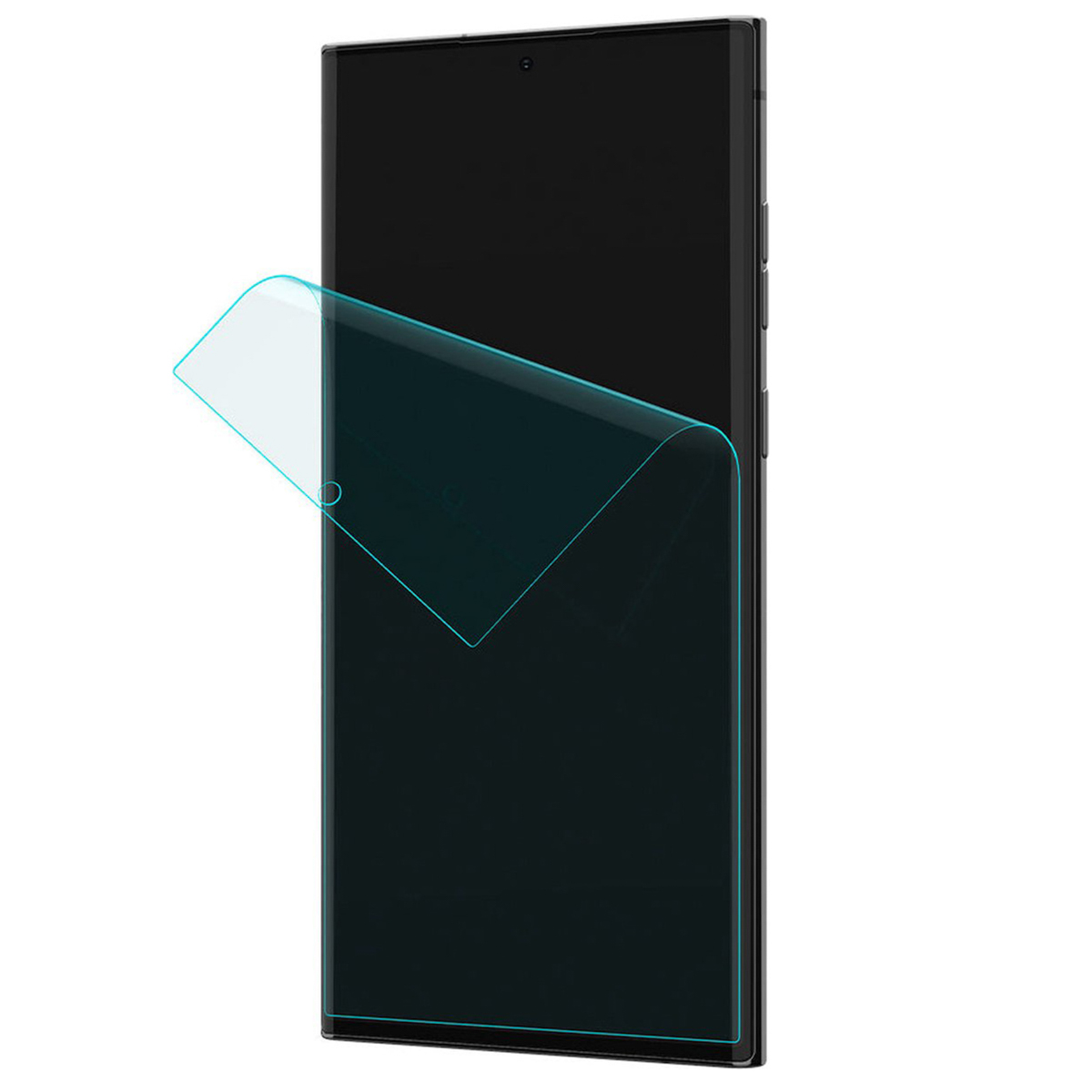 Phone with screen protector being applied. Screen is dark. Protector is blue-tinted.