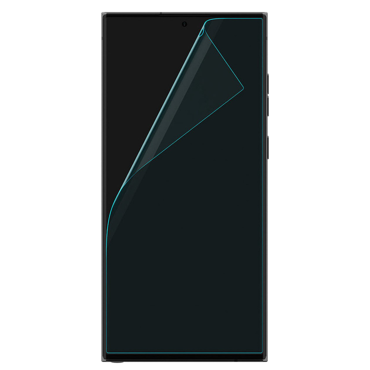 Smartphone with a screen protector being applied. The screen is black, protector is light blue.