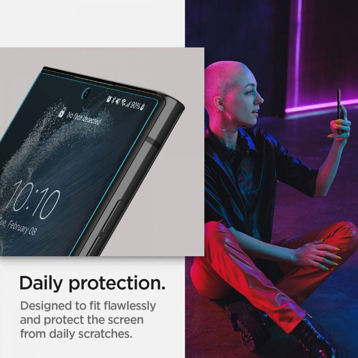 A woman with a shaved head takes a photo with her phone. A phone screen is in focus. Daily protection text.