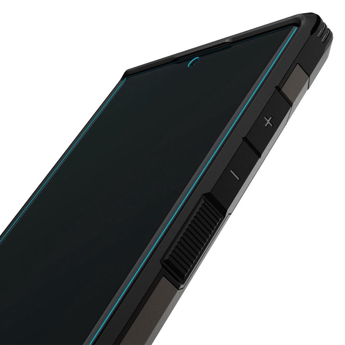 Smartphone with a screen protector. Close-up view of the side with buttons.