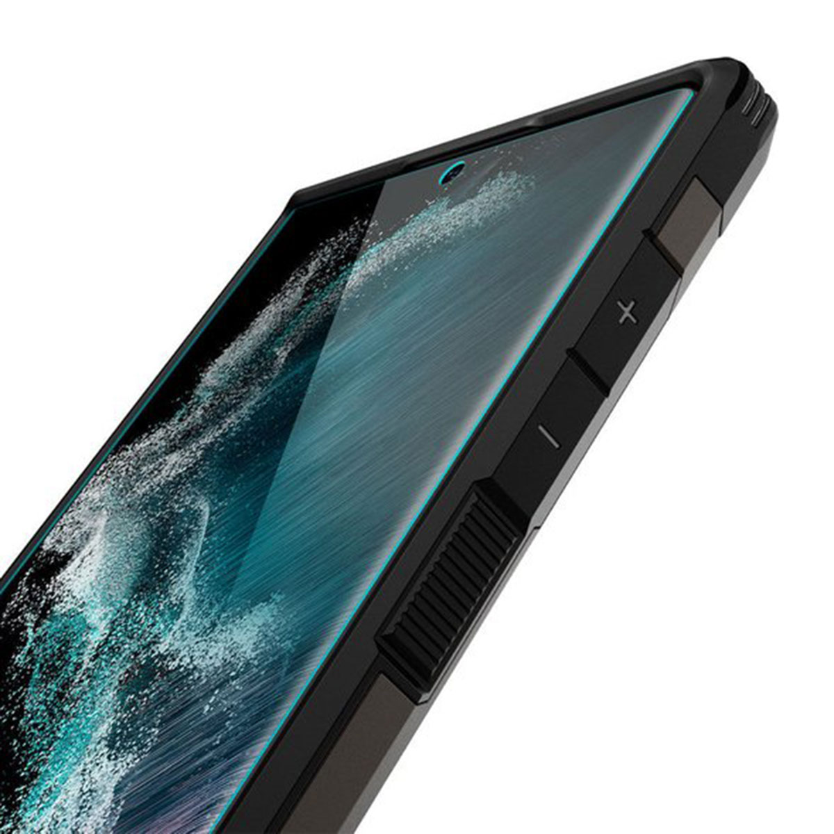 Black phone with glass screen protector. Volume buttons on side.