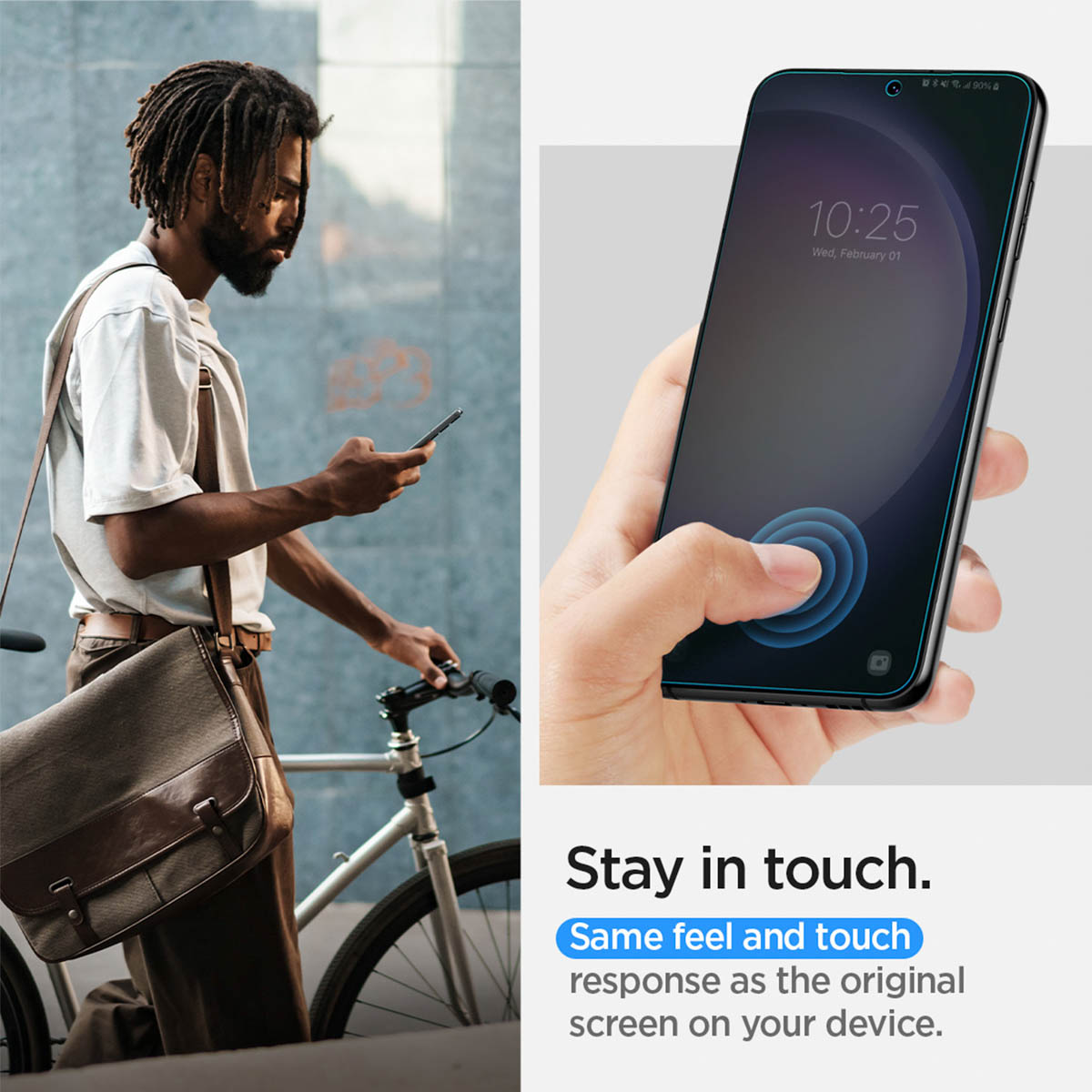 Una persona usa un telefono. Un altro telefono mostra la stessa sensazione e risposta tattile.