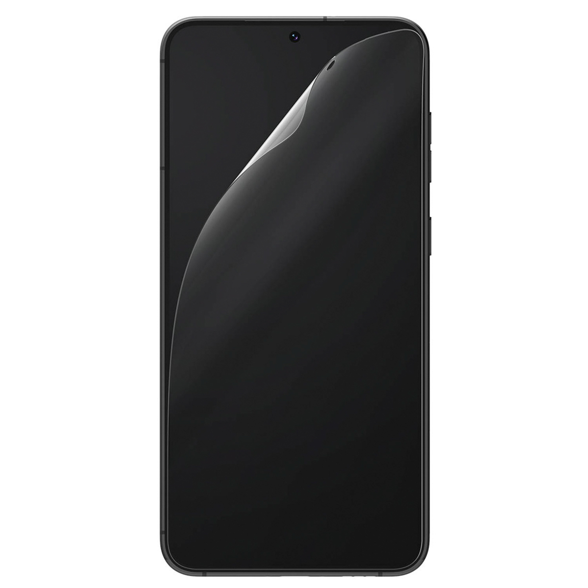 Smartphone nero con protezione schermo parzialmente rimossa, rivelando lo schermo.