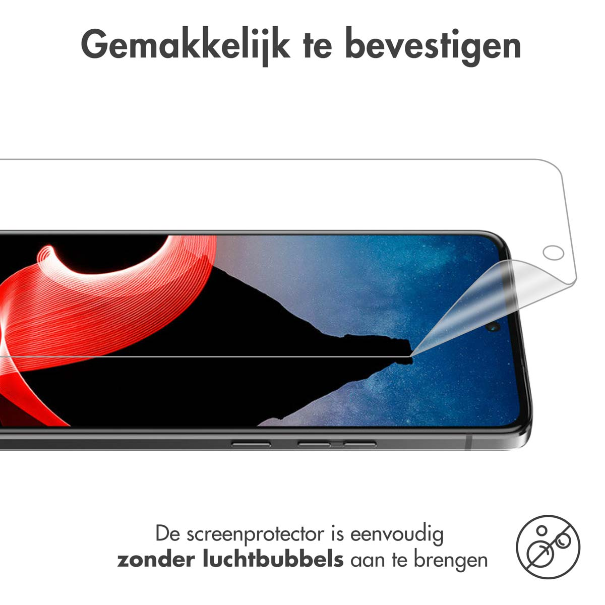 A phone with screen protector being applied. The protector is being peeled off. Text says easy to apply.