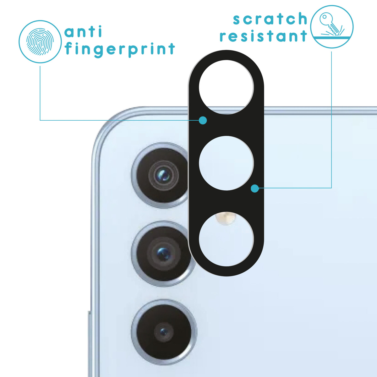 Camera lens protector for phone, scratch resistant, anti-fingerprint.