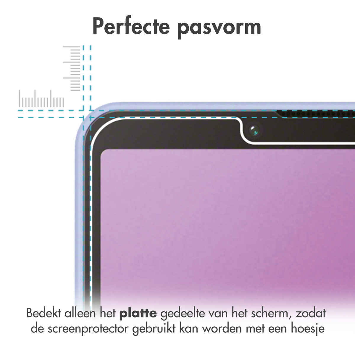 Een telefoonscherm met een screenprotector. De tekst beschrijft de perfecte pasvorm.