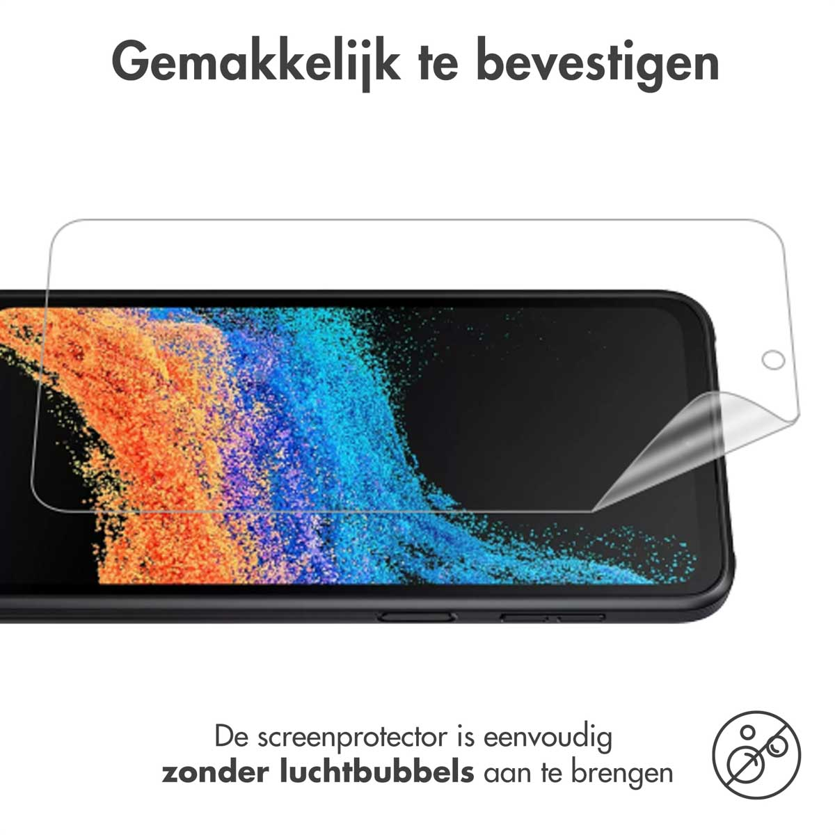 A phone with screen protector being applied. The protector is being peeled off. Text says easy to apply.