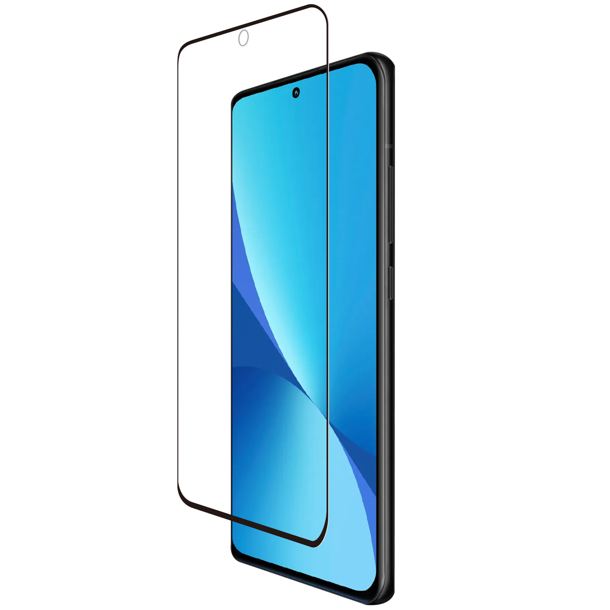 A phone and a screen protector. The screen is blue. The protector is clear.