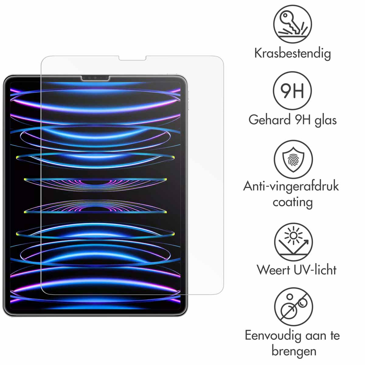 Tabletscherm met screenprotector. Icoonbeschrijvingen: krasbestendig, 9H glas, anti-vingerafdruk.