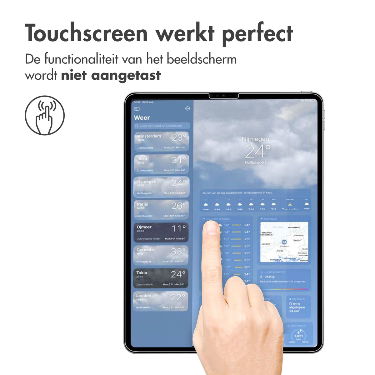 Een hand die het scherm van een tablet aanraakt, waarop een weer-app met verschillende stadstemperaturen wordt weergegeven.