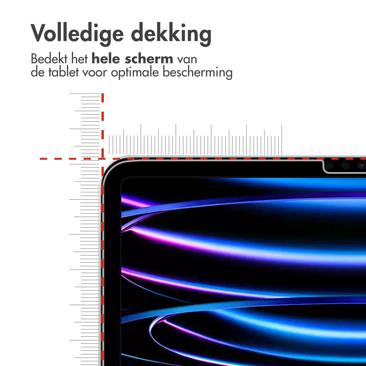 Close-up van een tabletscherm dat volledige schermdekking toont met een schermbeschermer geïnstalleerd.