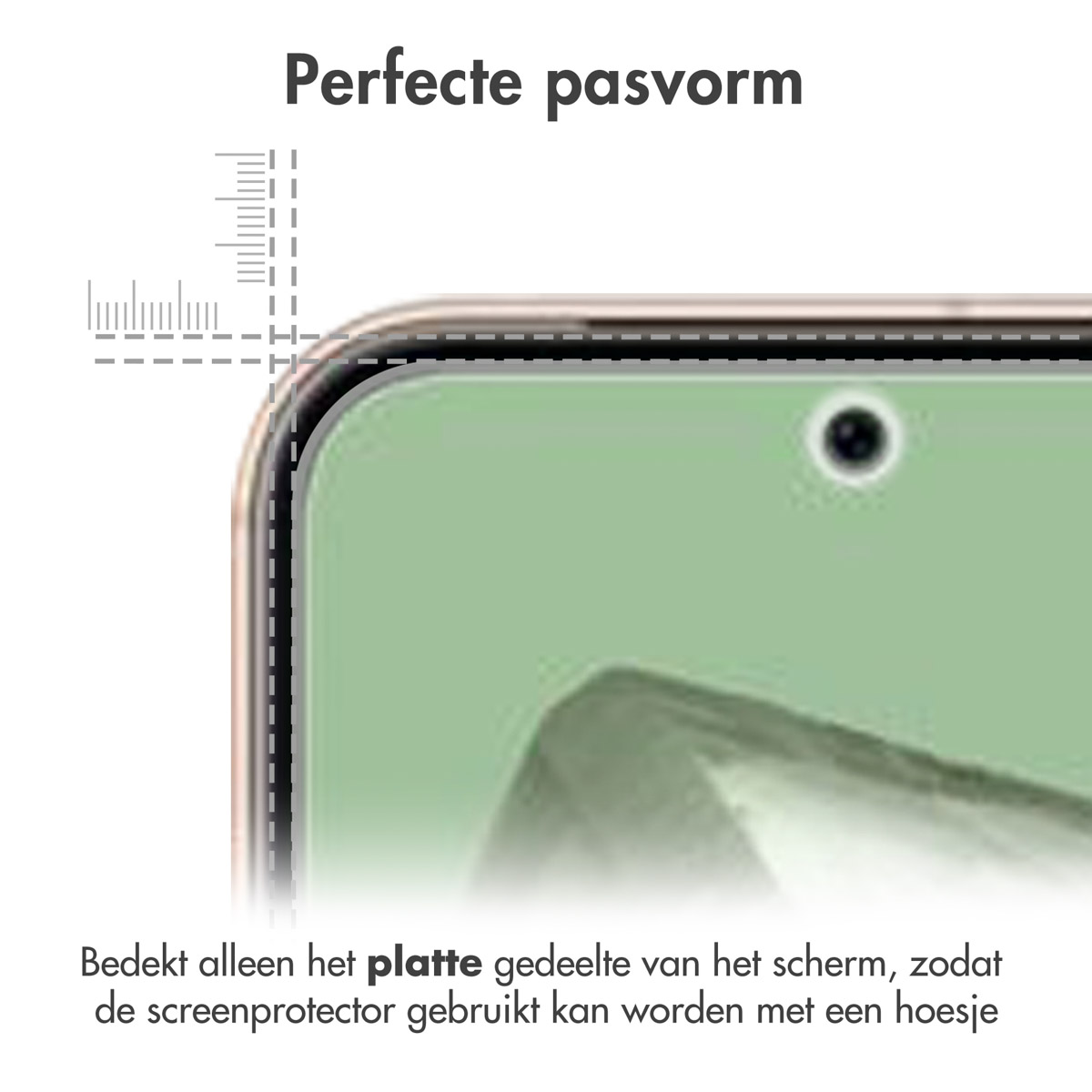 Close-up van een screenprotector. Tekst geeft perfecte pasvorm aan, bedekt alleen het platte schermgebied voor case-compatibiliteit.