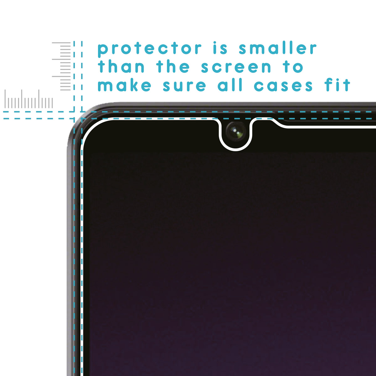 Protector is smaller than the screen to make sure all cases fit.