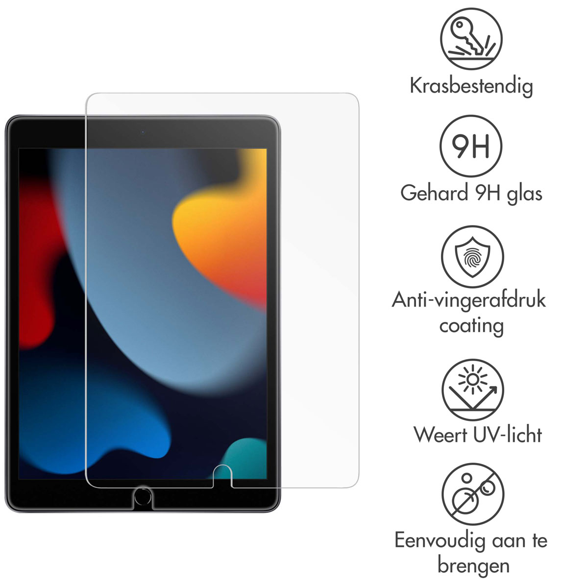A tablet and a screen protector. Icons and text on the right, describing the product's features.