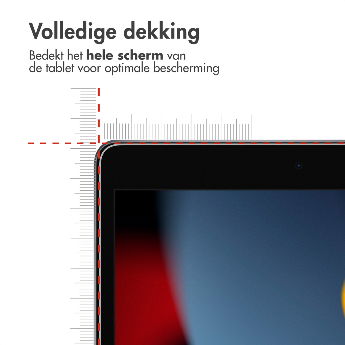 A tablet screen with a screen protector being applied. Text highlights full screen coverage.
