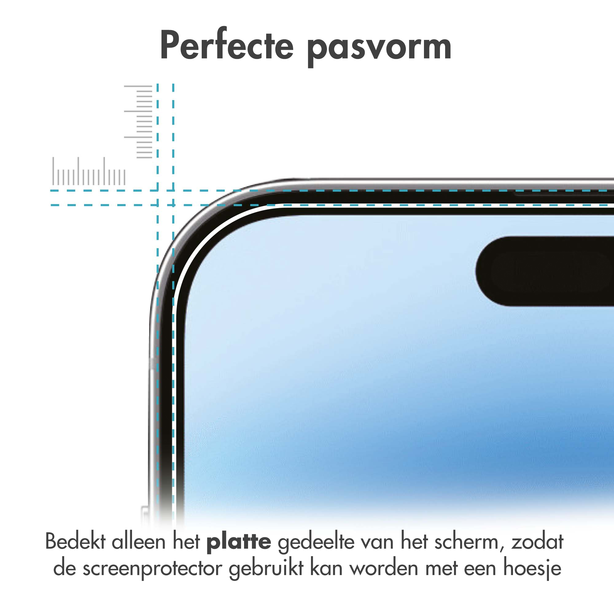 Close-up of a smartphone corner with screen protector and measuring tool.