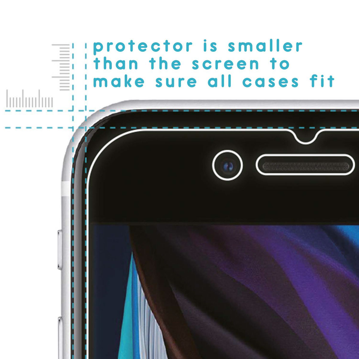 Close-up of a phone screen with a screen protector. Text reads 'protector is smaller'.