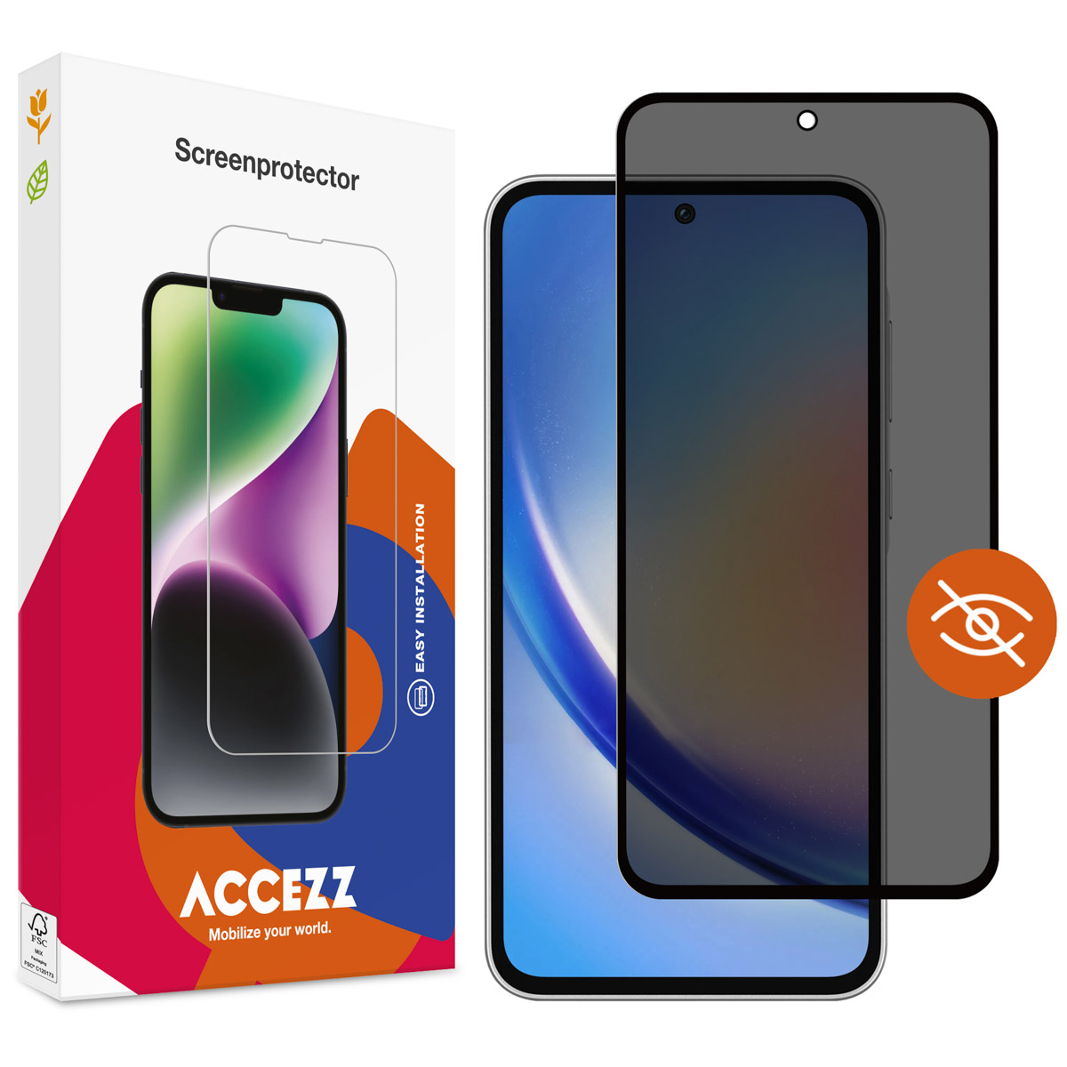 Boîte avec un protecteur d'écran et un téléphone. Le téléphone a un protecteur de confidentialité.