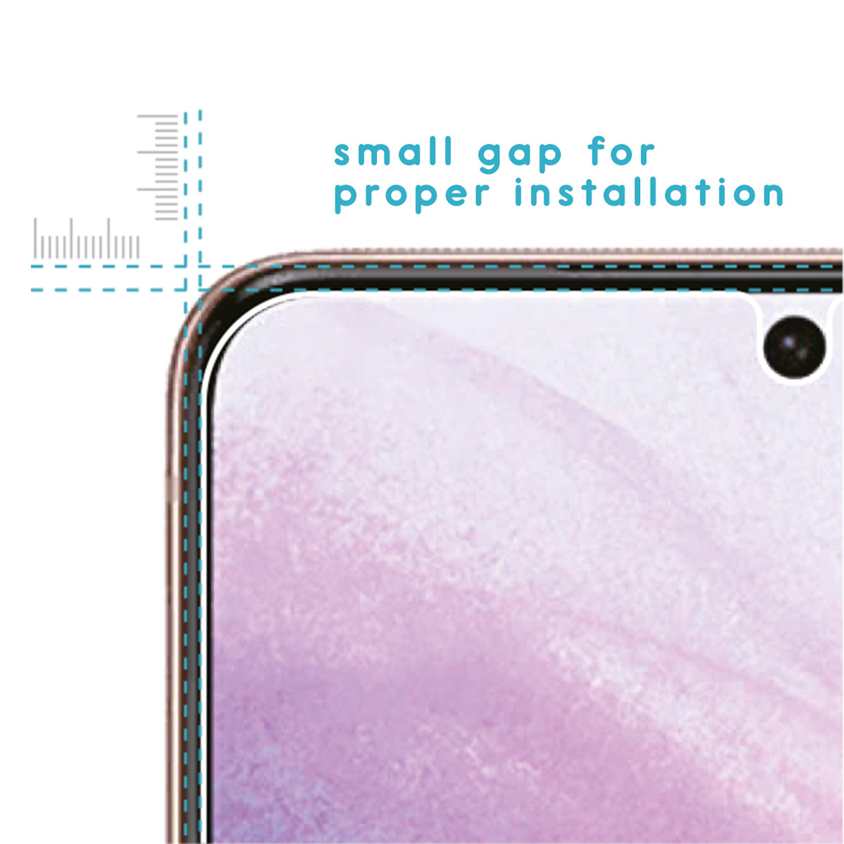 Close-up van de bovenkant van een telefoon met screenprotector. Toont een kleine opening.
