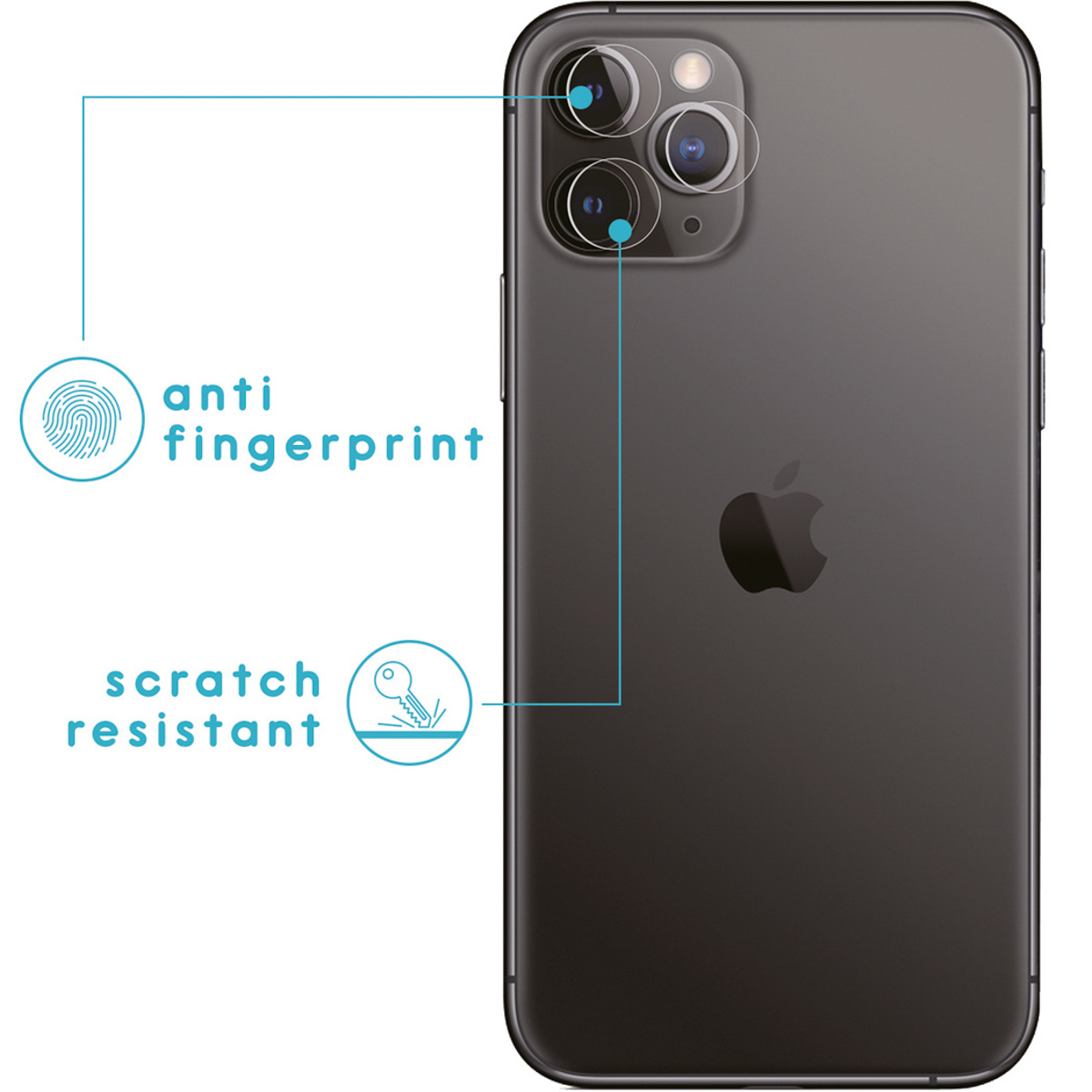 Dos du téléphone avec objectifs d'appareil photo et autocollants de protection. Texte met en évidence l'anti-traces.