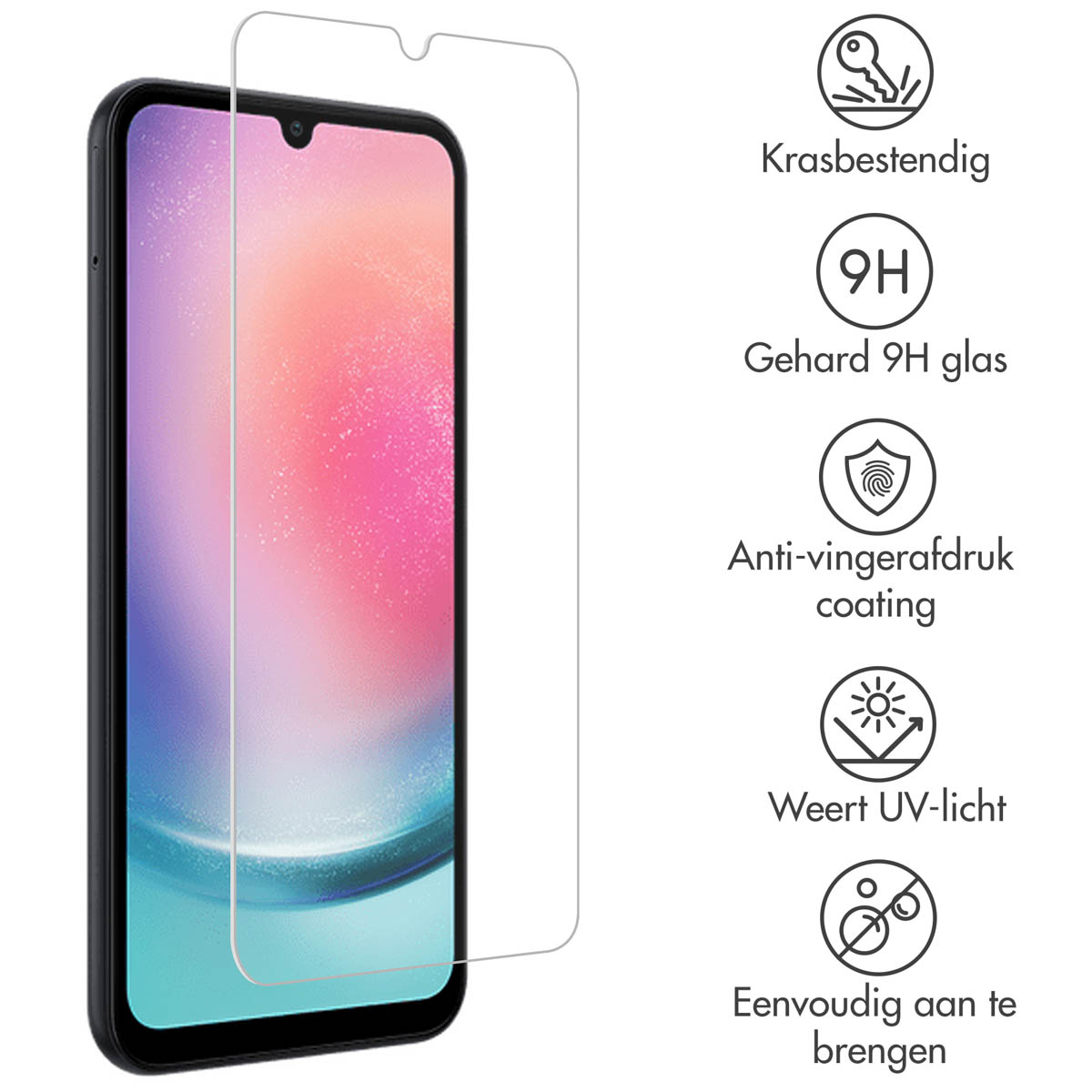 Een telefoon met screenprotector. Iconen en tekst rechts, beschrijven de productkenmerken.