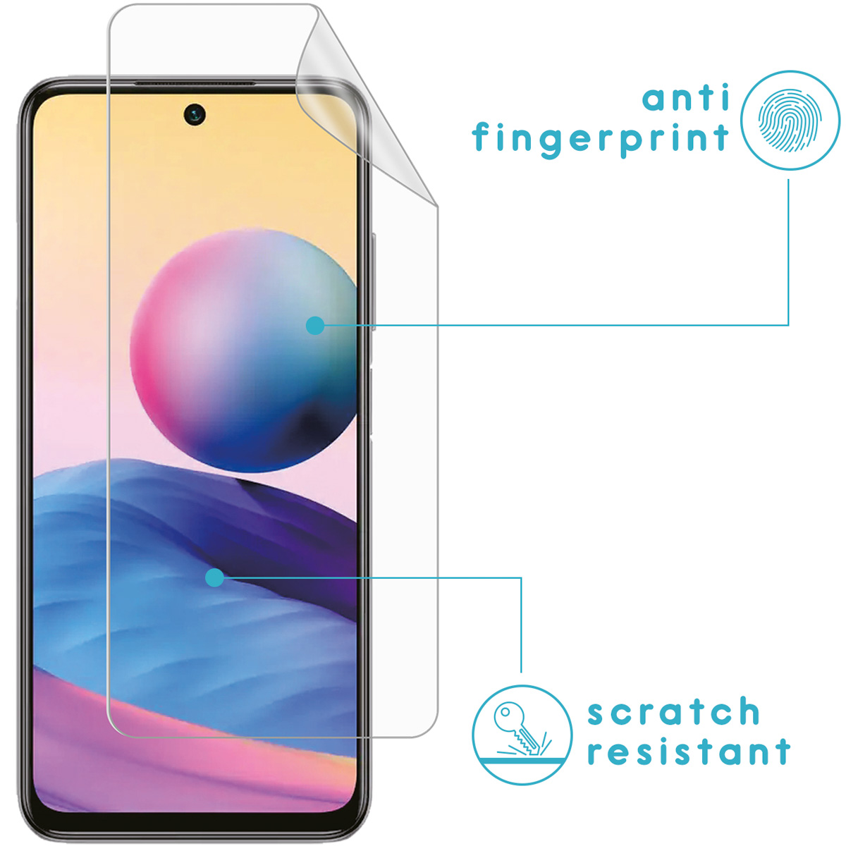 Phone with screen protector applied. Shows anti-fingerprint and scratch-resistant features.