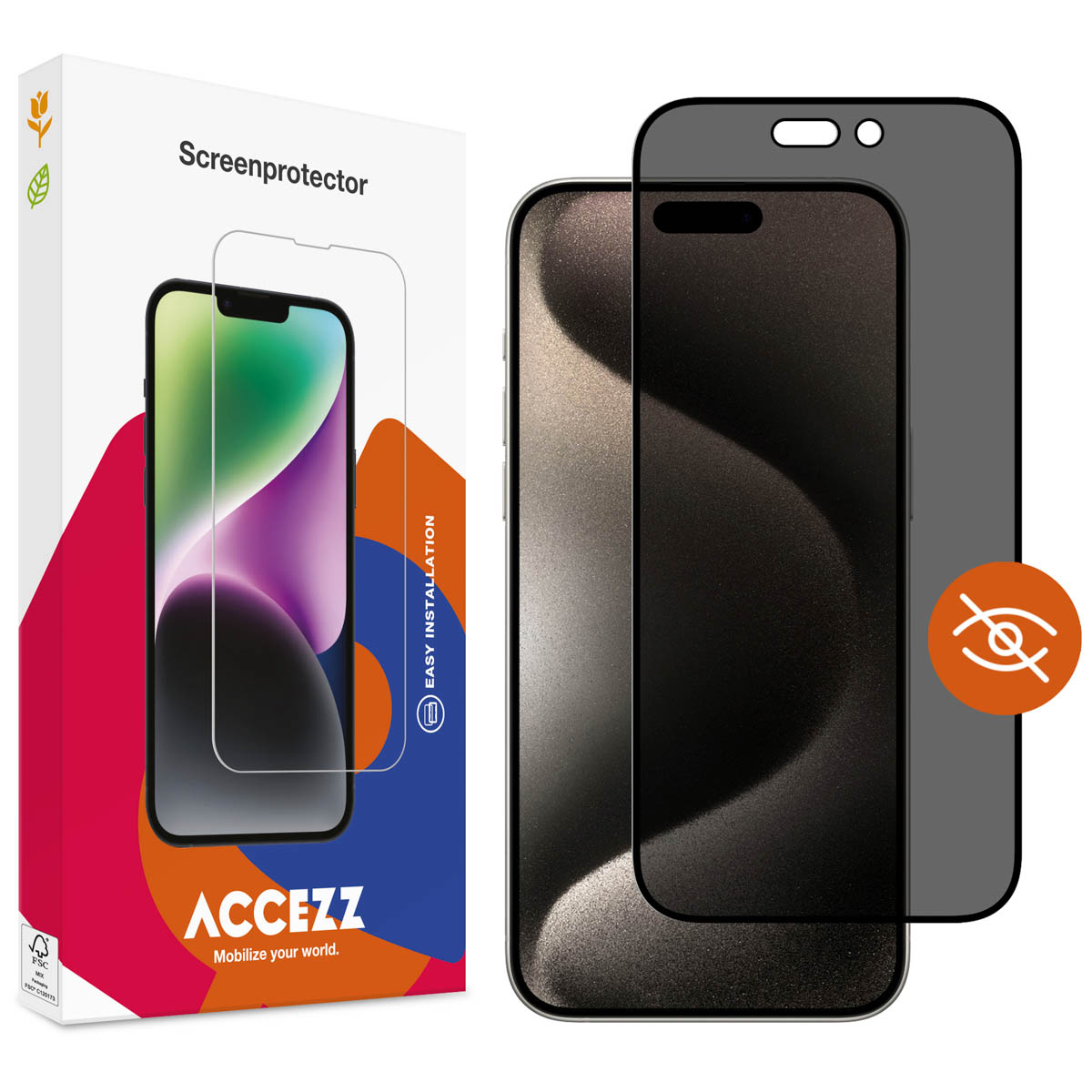 Telefoon en screenprotector, met privacy scherm en doos op witte achtergrond.