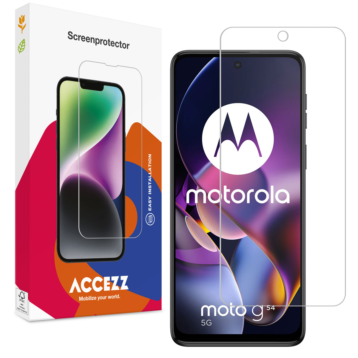 Telefoon en schermbeschermerdoos. Telefoon staat rechts met schermbeschermer aangebracht. Doos links.