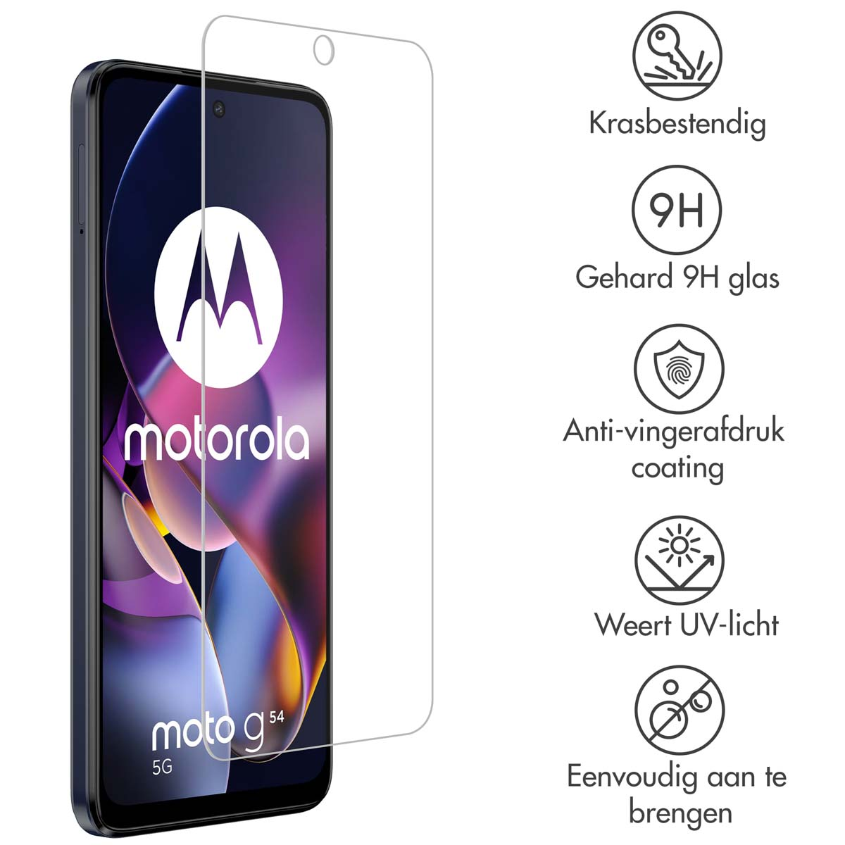 Telefoon met schermbeschermer. Toont functies zoals krasbestendig en UV-bescherming.