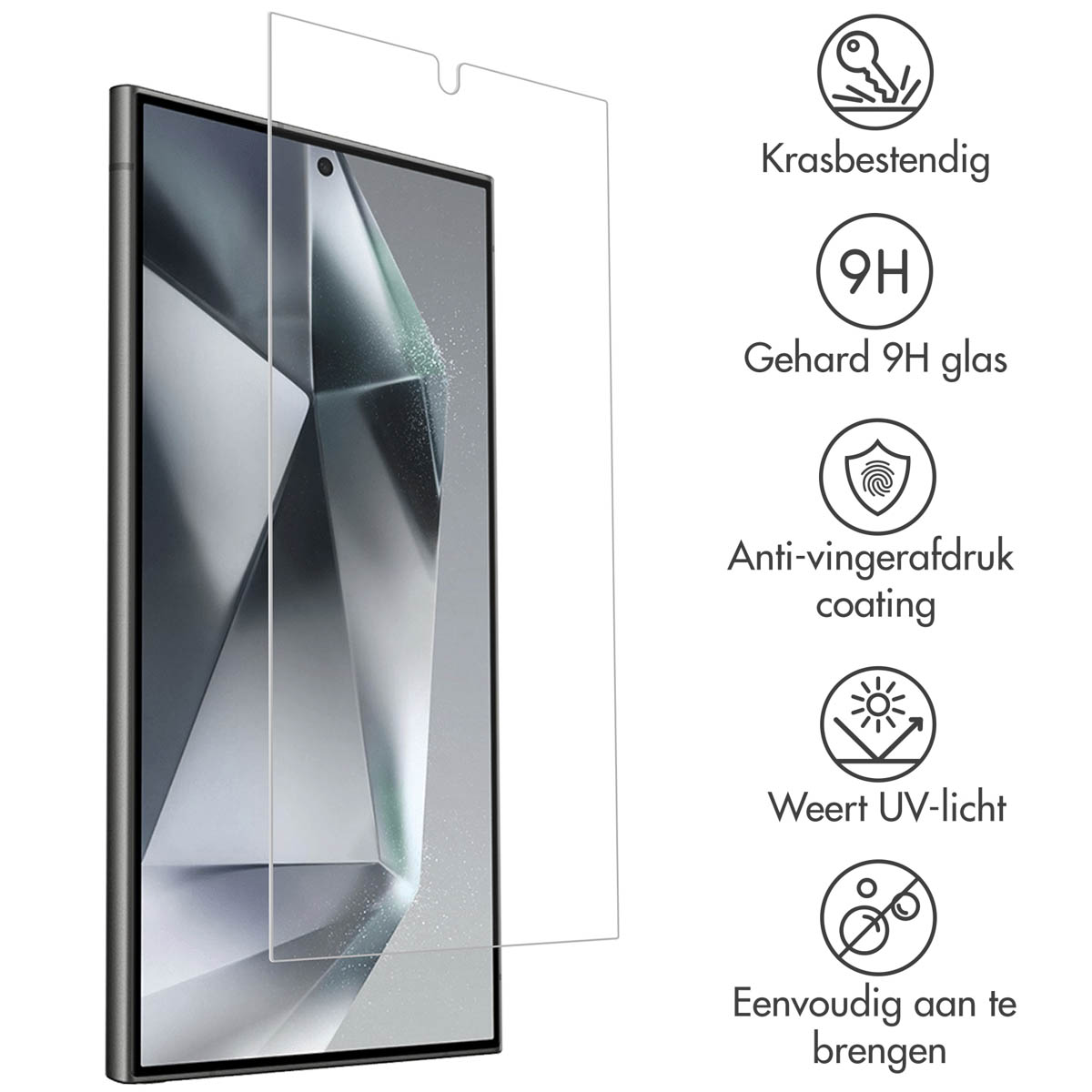 Telefoon met schermbeschermer. Iconen tonen krasbestendigheid, 9H glas en anti-vingerafdruk coating.