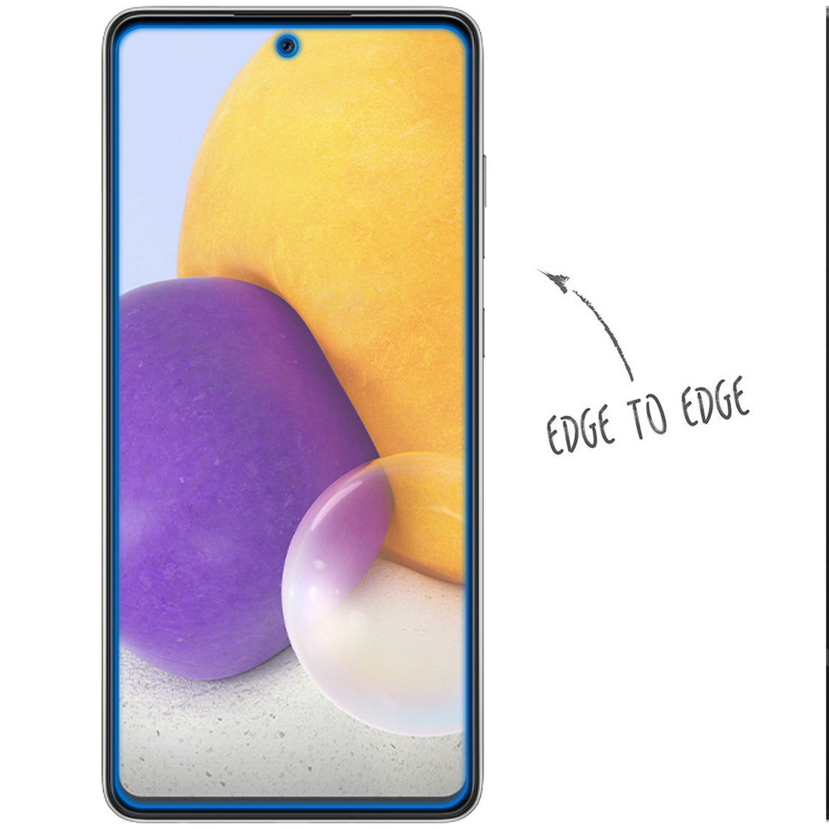 A smartphone displaying a purple and yellow abstract background. The screen is clear.
