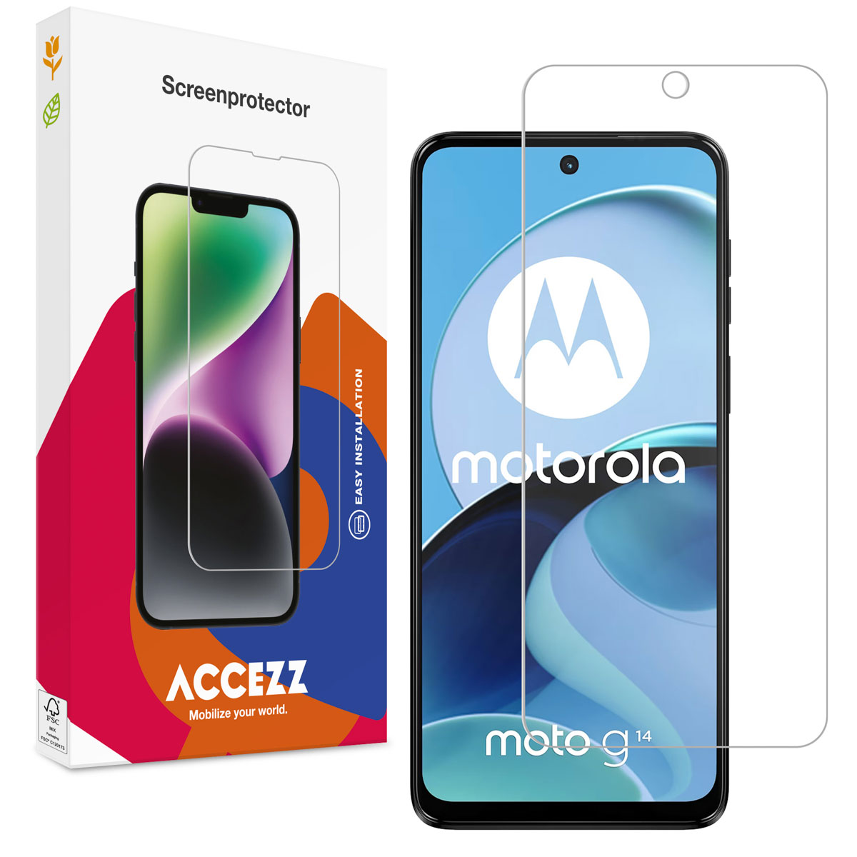 Telefoon met screenprotector en de verpakking. De verpakking toont de telefoon en de protector.